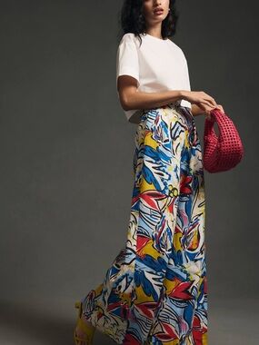 Corey Lynn Calter White Wide-Leg Maxi Pants with Blue, Yellow & Red Floral Print